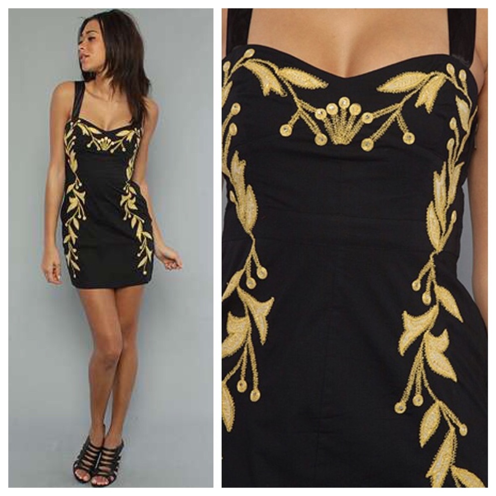 Free People Black and Gold Leaf Motif Dress